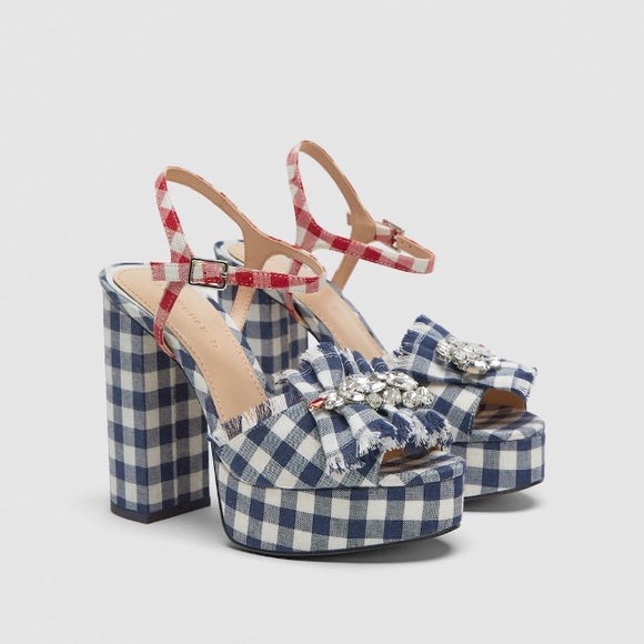 Zara Shoes - Zara Vichy pattern bejeweled platform sandals HP!